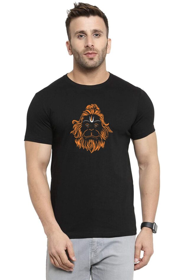 "Lord Hanuman G" Face Round Neck Black Polyester T-Shirt